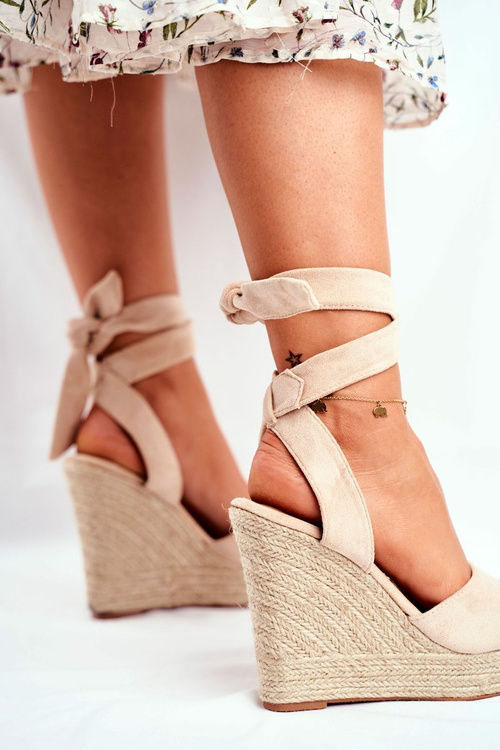 Sandały Damskie Na Koturnie Wiązane Beżowe Belleza