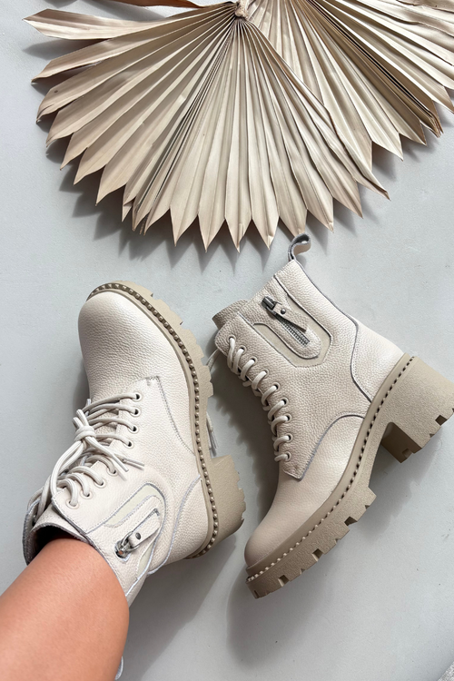 Skórzane Botki Damskie Na Klocku Ocieplane Vinceza 86418 Beżowe