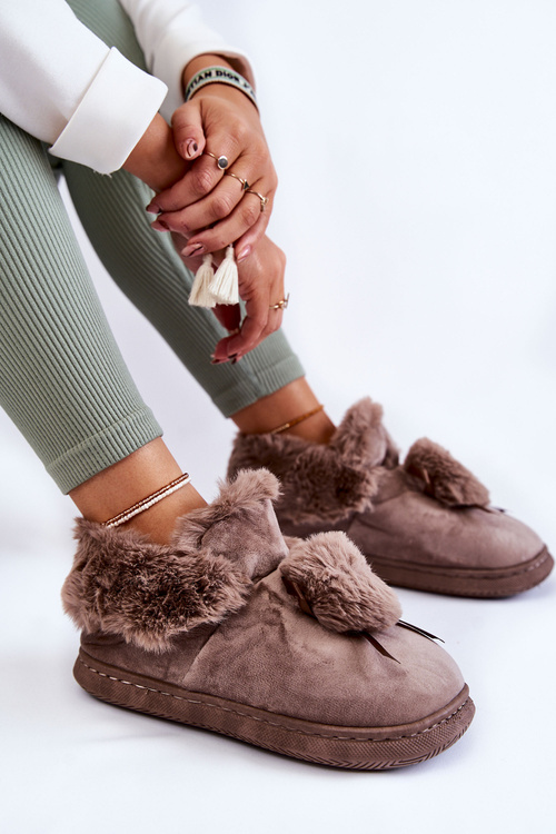 Damskie Wsuwane Futrzane Papcie Z Pomponem Brązowe Noemi