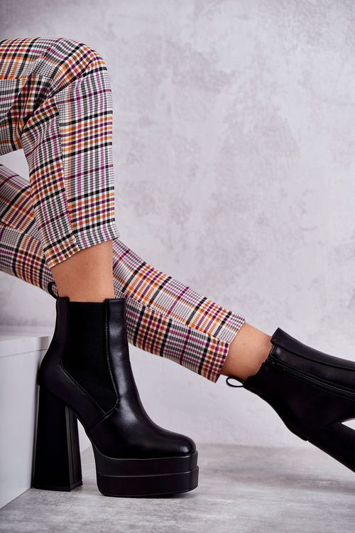 Damskie Skórzane Botki Na Masywnym Obcasie Czarne Jones