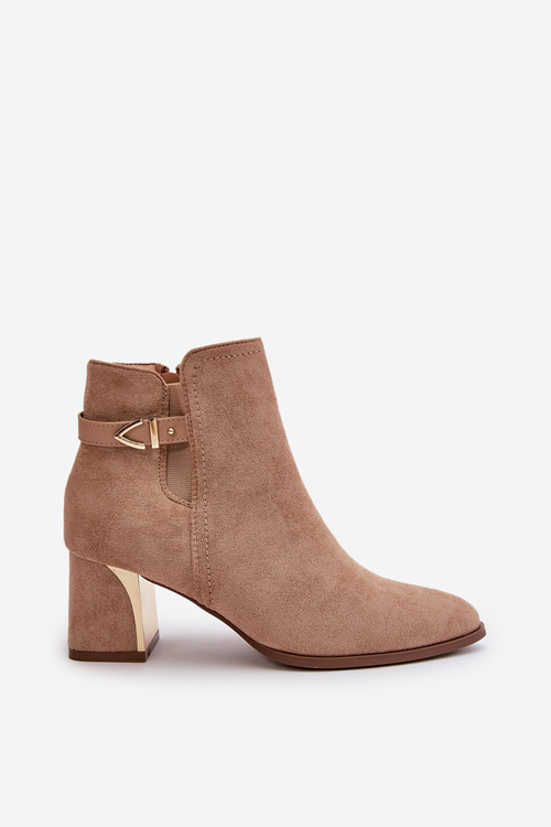 Botki Damskie Na Słupku Zapinane Na Zamek Eko Zamszowe Ciemnobeżowe Bonucci