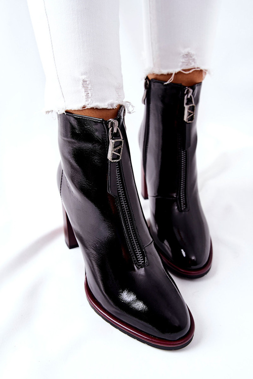 Damskie Botki Czarne Lakierowane na Słupku Cofton