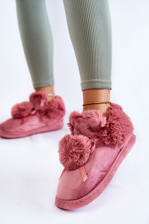 Damskie Wsuwane Futrzane Papcie Z Pomponem Różowe Noemi