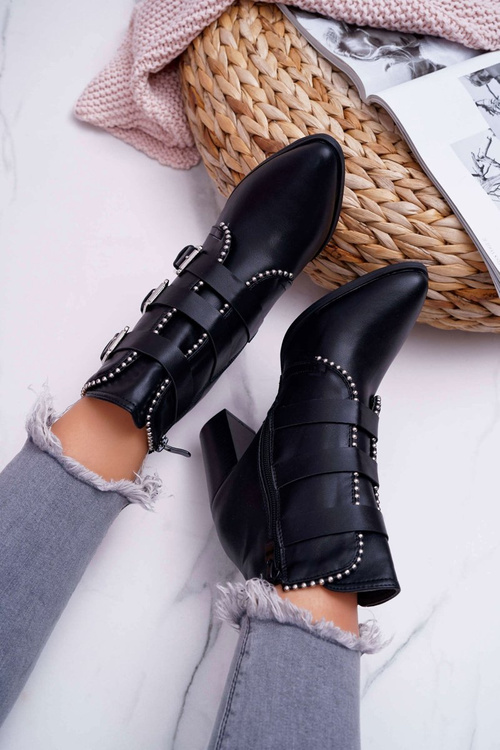 Botki Damskie Na Słupku Klamry Czarne Finbas