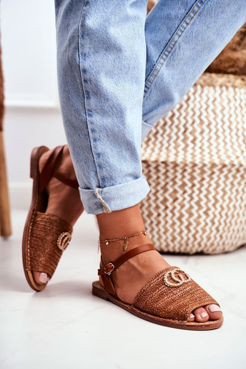 Brązowe Damskie Płaskie Sandałki Lu Boo Plecione Felicia