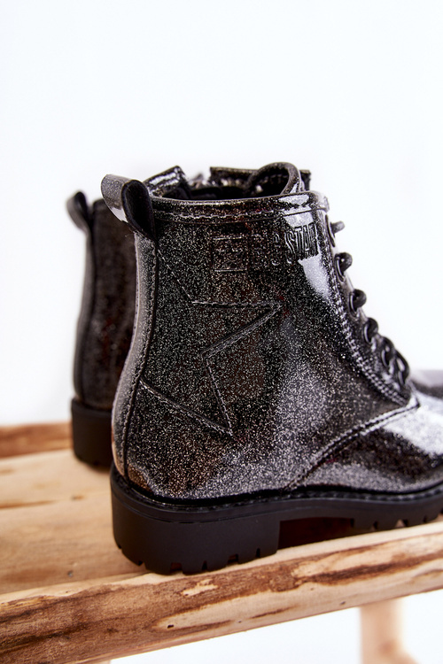 Dziecięce Lakierowane Ocieplane Botki Big Star II374047 Czarno-Srebrne