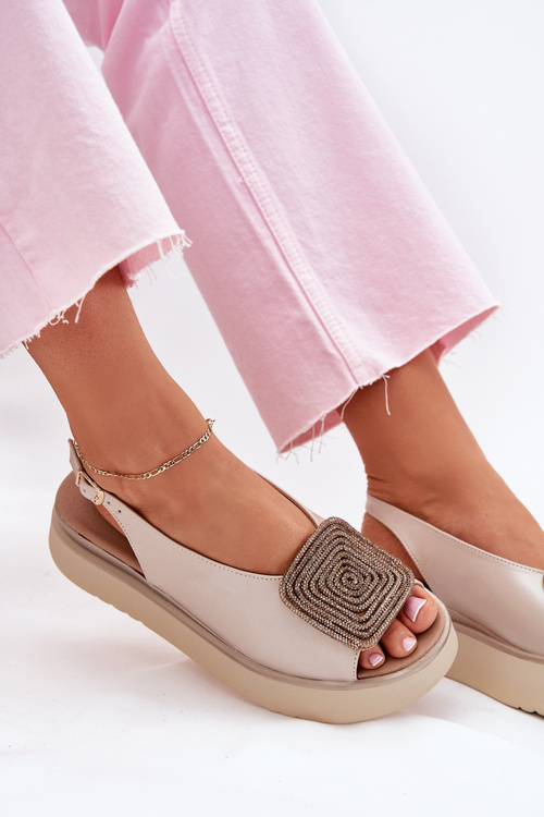 Zazoo 1786 Skórzane Sandały Damskie Na Platformie Z Ozdobą Perłowy Beż