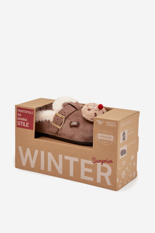 Kapcie Damskie Z Ozdobami I Klamrą Ocieplane Futerkiem Brązowe Thalora