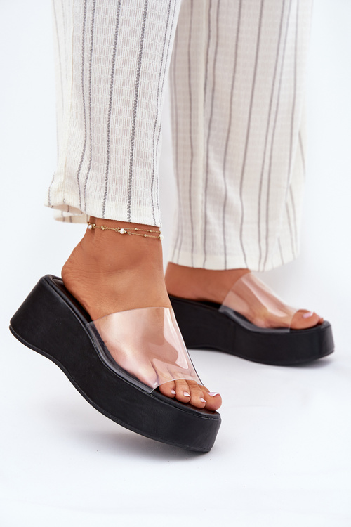 Klapki Damskie Z Transparentnym Paskiem Na Koturnie Czarne Meltiana