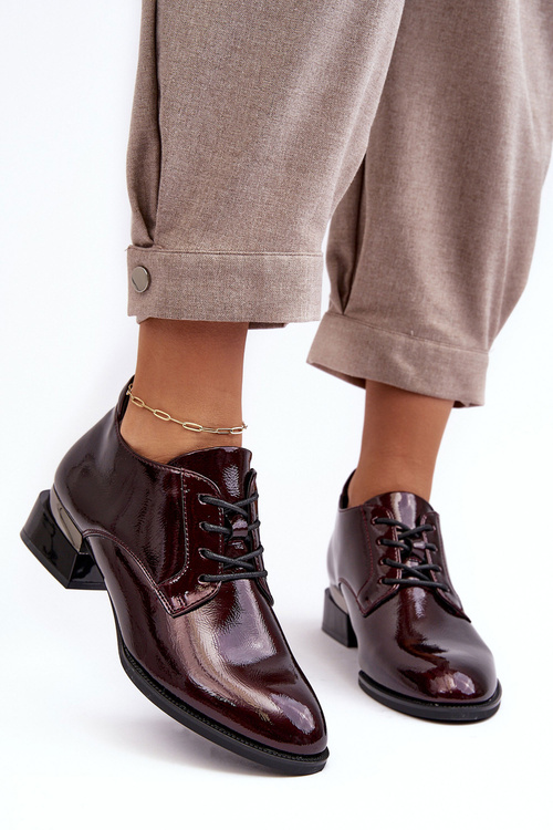 Lakierowane Półbuty Damskie Sznurowane Bordowe Banosa
