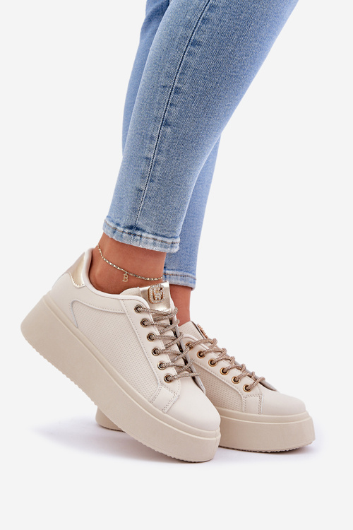 Sneakersy Na Platformie Z Ozdobnymi Sznurówkami Beżowe Fonetha