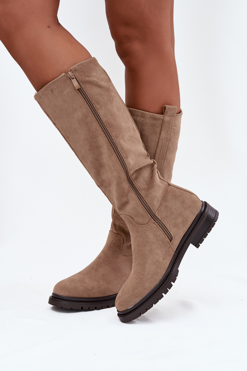 Kozaki Damskie Ocieplane Na płaskim Obcasie Eko Zamszowe Ciemnobeżowe Delyssa