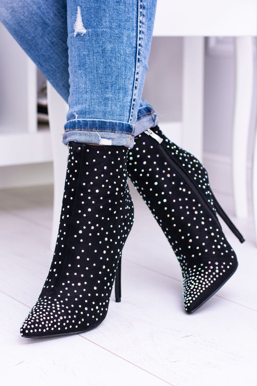 Lu Boo Czarne Wysokie Zamszowe Botki na Szpilce Cyrkonie Cubano