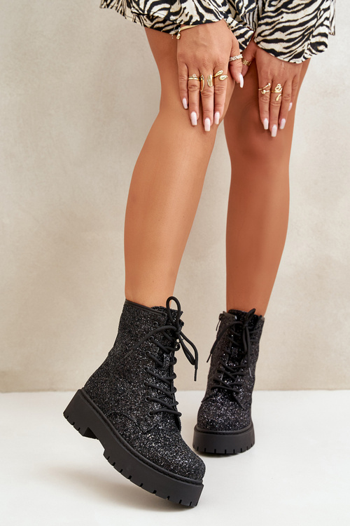 Ocieplane Botki Workery Damskie Ozdobione Cekinami Czarne Liatheine