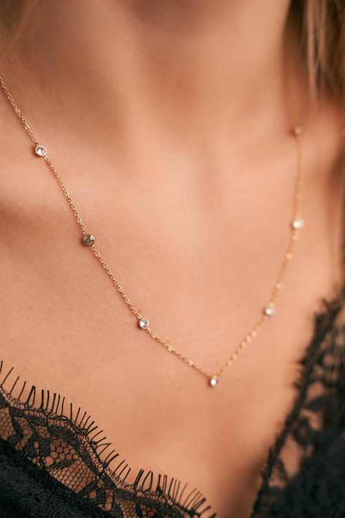 Damski Złoty Naszyjnik Łańcuszek Celebrytka Białe Cyrkonie Elvira