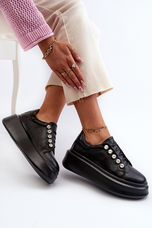 Skórzane Sneakersy Damskie Na Masywnej Platformie Czarne S.Barski LR628