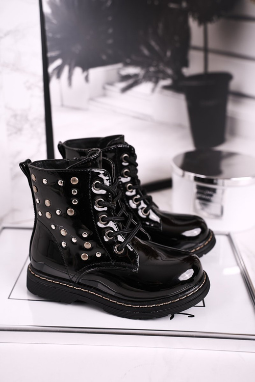 Dziecięce Ocieplane Botki z Dżetami Lakierowane Czarne Fame