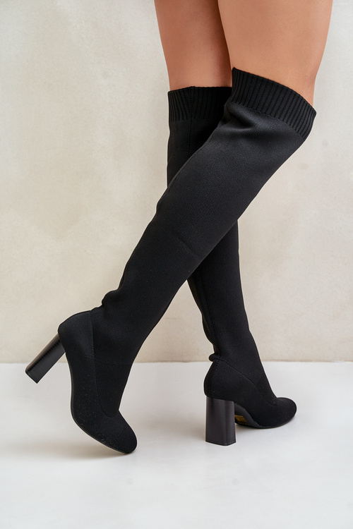 Kozaki Ze Skarpetkową Cholewką Za Kolano Na Słupku Czarne Esanira