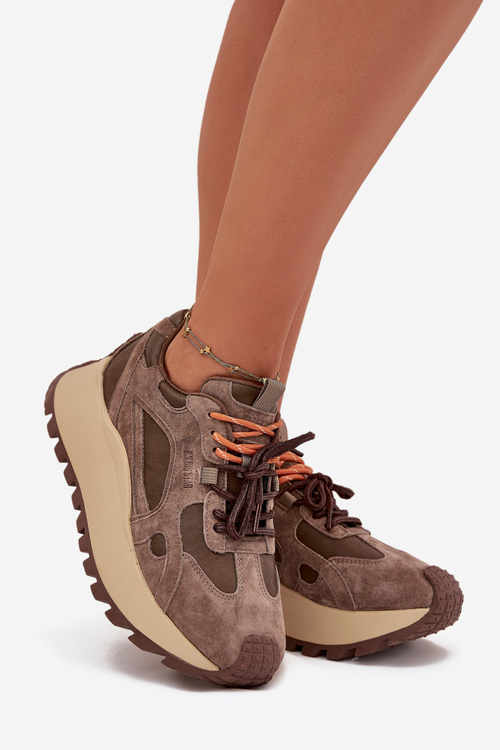 Skórzane Sneakersy Na Platformie Damskie Big Star SS274627 HI-POLY SYSTEM Beżowe