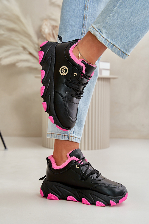 Ocieplane Buty Sportowe Damskie Sznurowane Na Platformie Czarne Bialoa