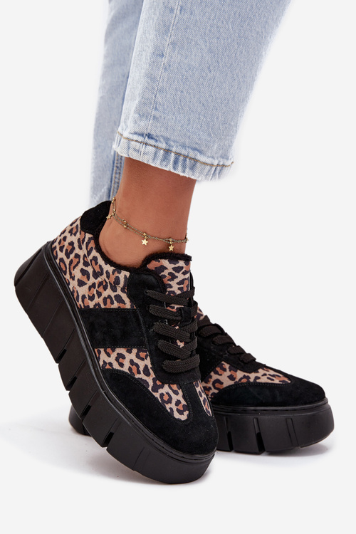 Zamszowe Ocieplane Sneakersy Damskie Na Masywnej Platformie Vinceza 66841 Panterka Czarne