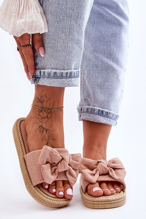 Damskie Zamszowe Klapki Z Kokardą Różowe Fency