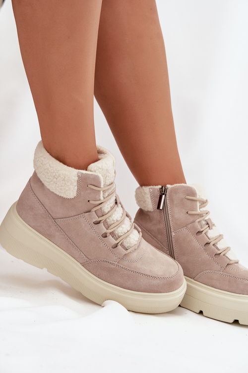 Zamszowe Śniegowce Damskie Z Kożuszkiem Na Platformie Vinceza 95354 Beżowe