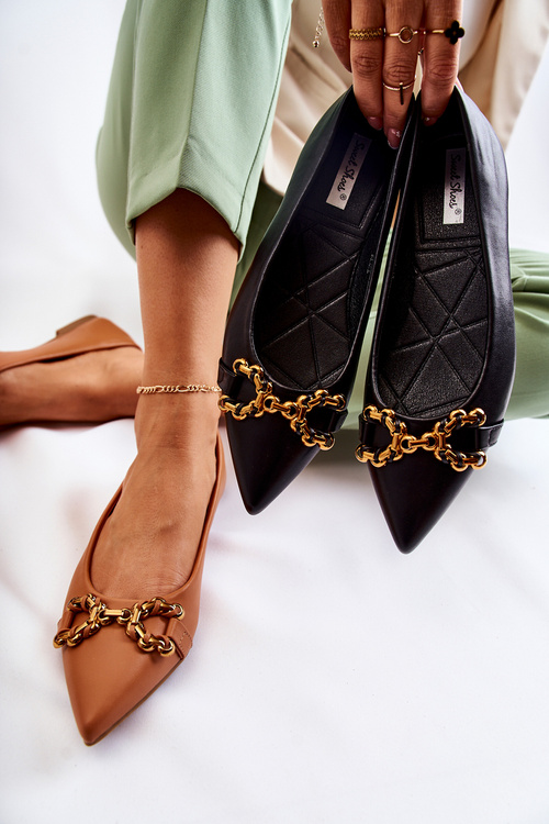 Damskie Skórzane Baleriny W Szpic Z Ozdobą Czarne Carlos