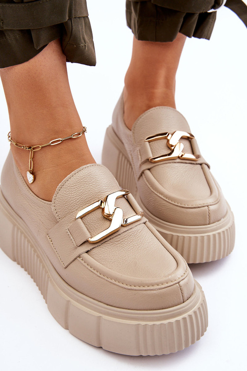Modne Skórzane Półbuty Na Platformie Beżowe Lemar Marsol