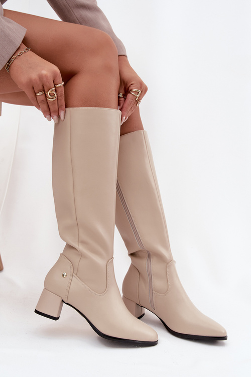 Skórzane Ocieplane Kozaki Damskie Na Obcasie Maciejka A7165-04 Beżowe