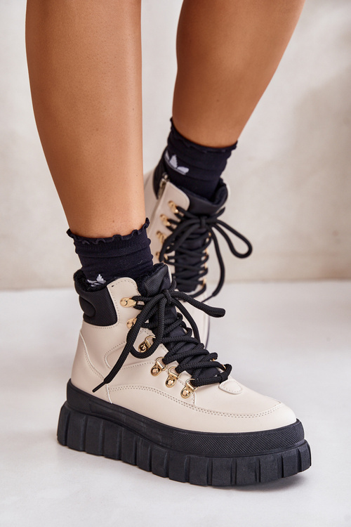 Damskie Ocieplane Botki Trapery Na Platformie Beżowe Jelenia