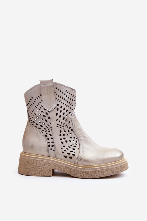 Zazoo 3470 Skórzane Botki Damskie Na Płaskim Obcasie Ażurowe Złote Przecierane