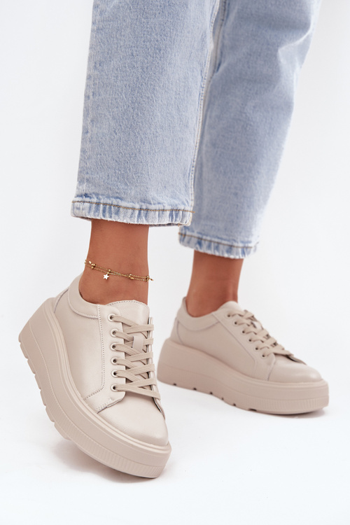 Skórzane Sneakersy Na Masywnej Platformie Beżowe Sylvessa