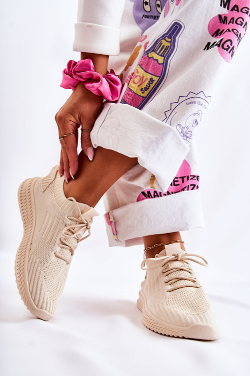 Damskie Sportowe Buty Sneakersy Materiałowe Jasnobeżowe Storia