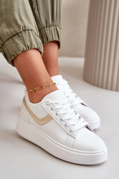 Trampki Sneakersy Damskie Na Platformie Z Eko Skóry Biało-Złote Brennessa