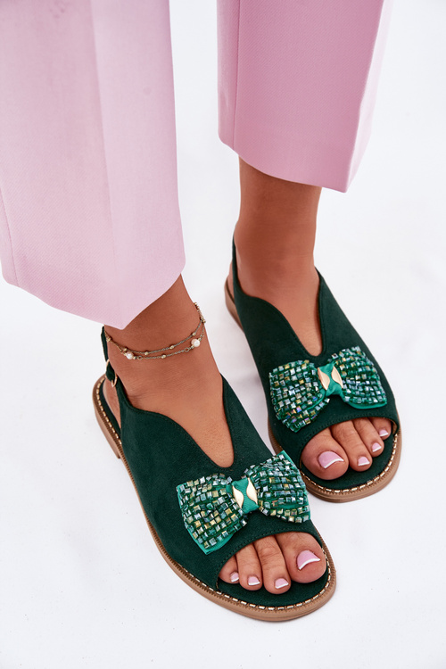 Sandały Damskie Z Kokardą Na Płaskim Obcasie S.Barski KV51-014 Zielone