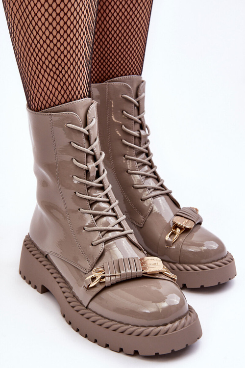 Damskie Lakierowane Botki Workery Z Ozdobą Beżowe S.Barski MR870-67