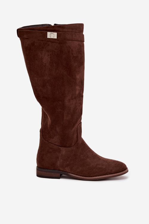 Ocieplane Kozaki Damskie Na Płaskim Obcasie Z Paskiem I Srebrnym Detalem Brązowe Geraline