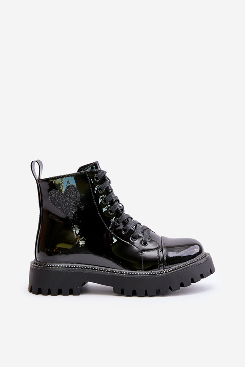 Lakierowane Botki Damskie Na Zamek Z Ozdobnym Sercem Czarne Obeena