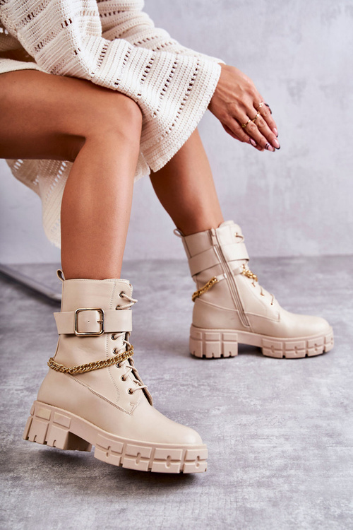 Modne Workery Botki Z Łańcuchem Beżowe Solesso