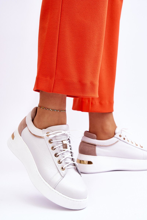 Damskie Skórzane Buty Sportowe Na Platformie Białe Caressa