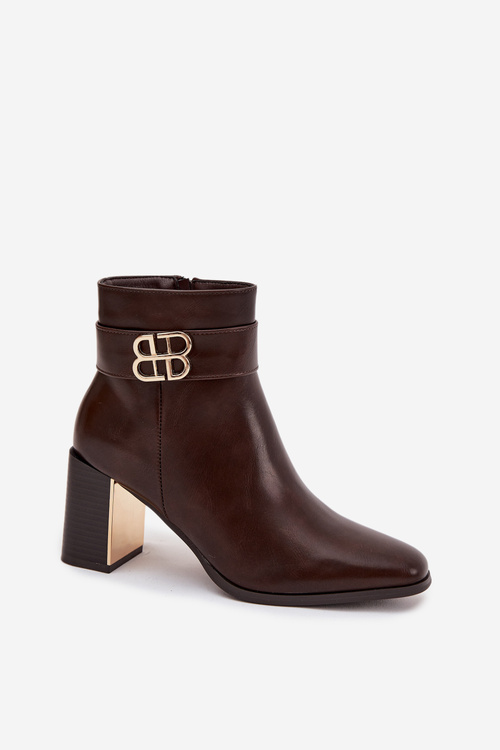 Botki Damskie Na Słupku Z Paskiem I Złotym Detalem Czekoladowe Galinne