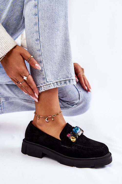 Damskie Zamszowe Półbuty Loafery Z Ozdobą Czarne Karlott