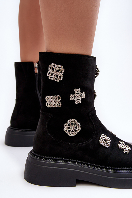 Zamszowe Ocieplane Botki Z Ozdobami D&A MR870-14 Czarne