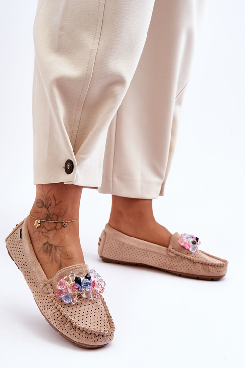 Modne Zamszowe Mokasyny Z Ozdobami Beżowe Delima