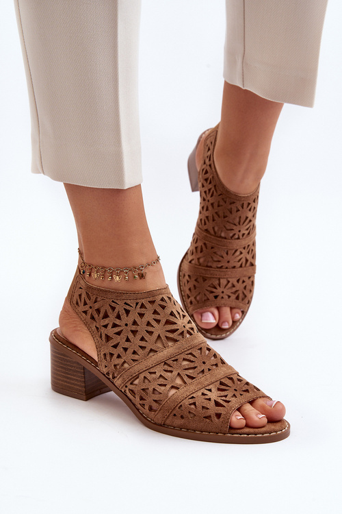 Ażurowe Sandały Na Obcasie Brązowe Serapina