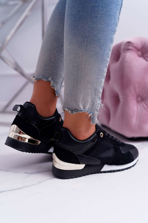 Sportowe Damskie Buty Siatka Zamsz Czarne Merido