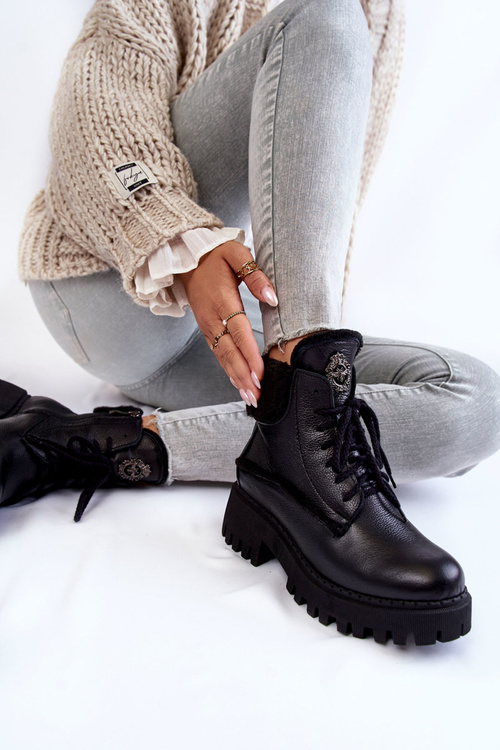 Damskie Skórzane Trapery Botki Czarne Lemar Vergo