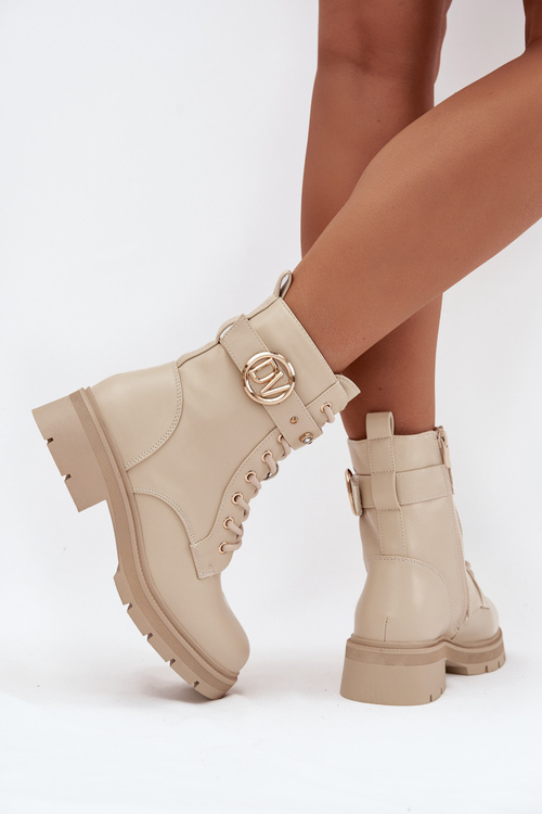 Ocieplane Botki Workery Damskie Z Ozdobnym Detalem Beżowe Talyssa