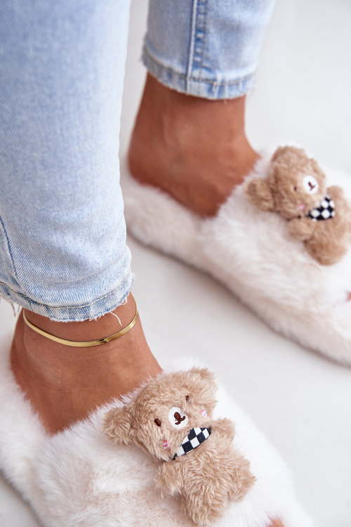 Futrzane Kapcie Damskie Z Misiem Białe Romania